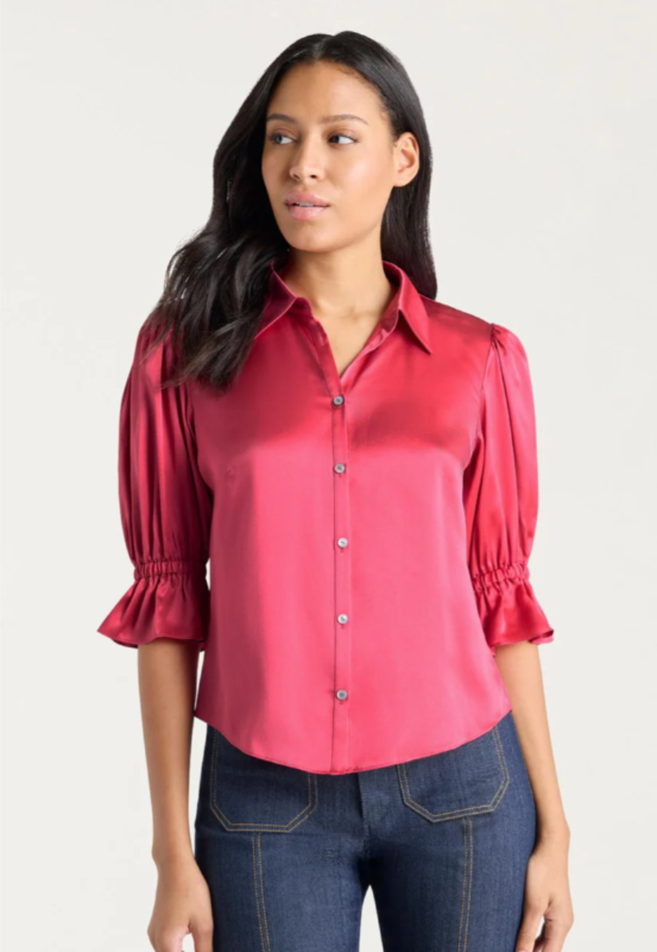 Cinq à Sept Fiona Ruffle Cuff 100% Silk Button-Up Blouse Raspberry Rose XS READ